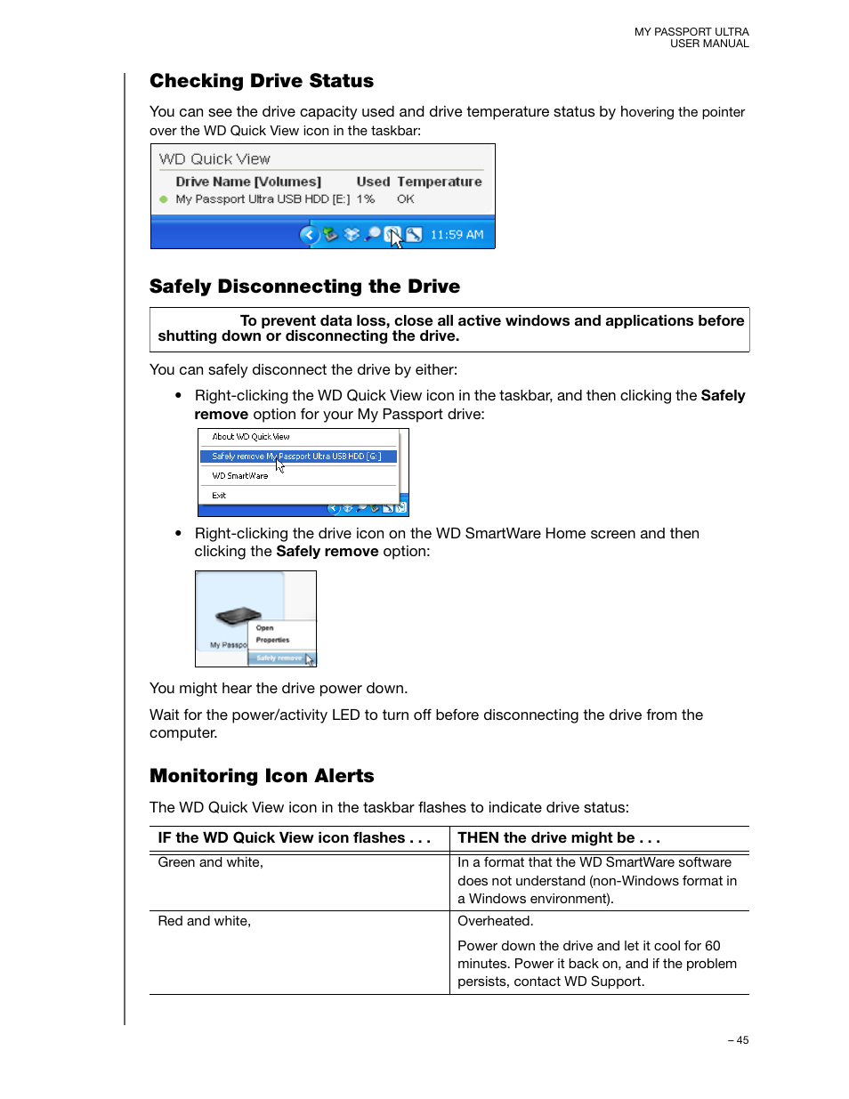 Checking drive status, Safely disconnecting the drive, Monitoring icon alerts | Western Digital My Passport Ultra (Unencrypted drives) User Manual User Manual | Page 49 / 76