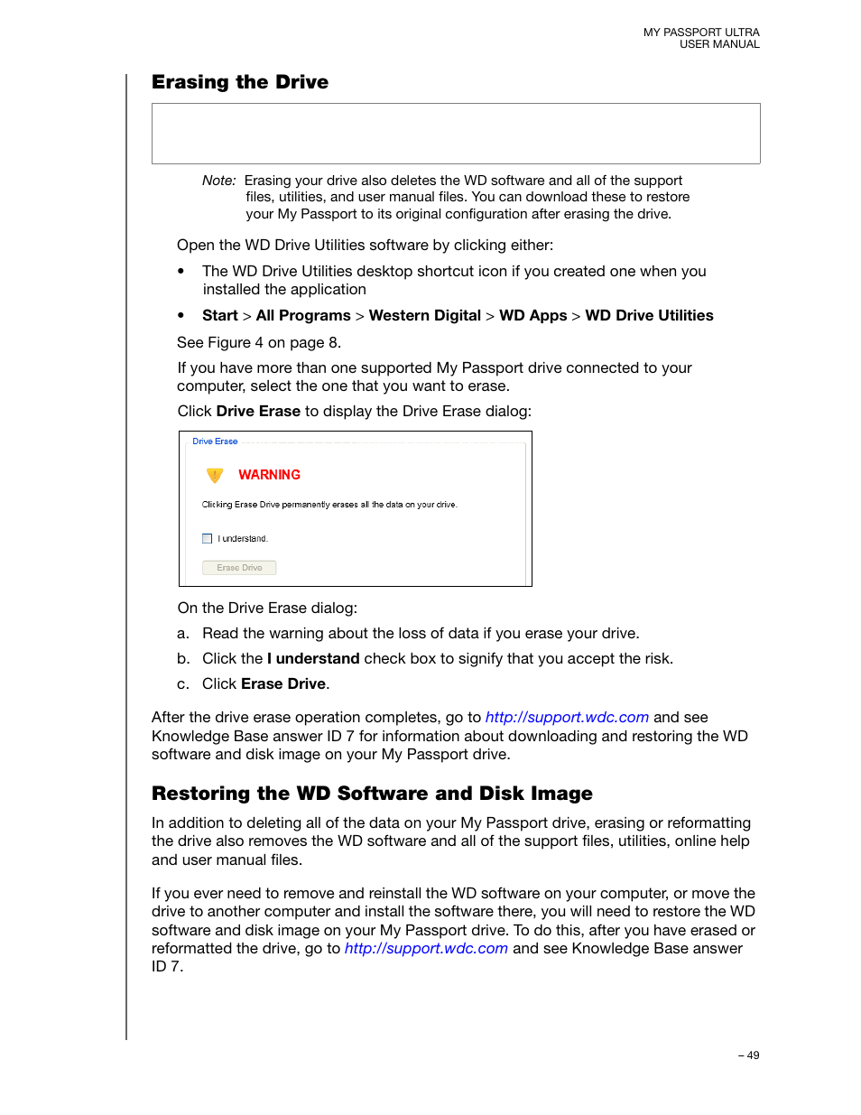 Erasing the drive, Restoring the wd software and disk image | Western Digital My Passport Ultra (Unencrypted drives) User Manual User Manual | Page 53 / 76