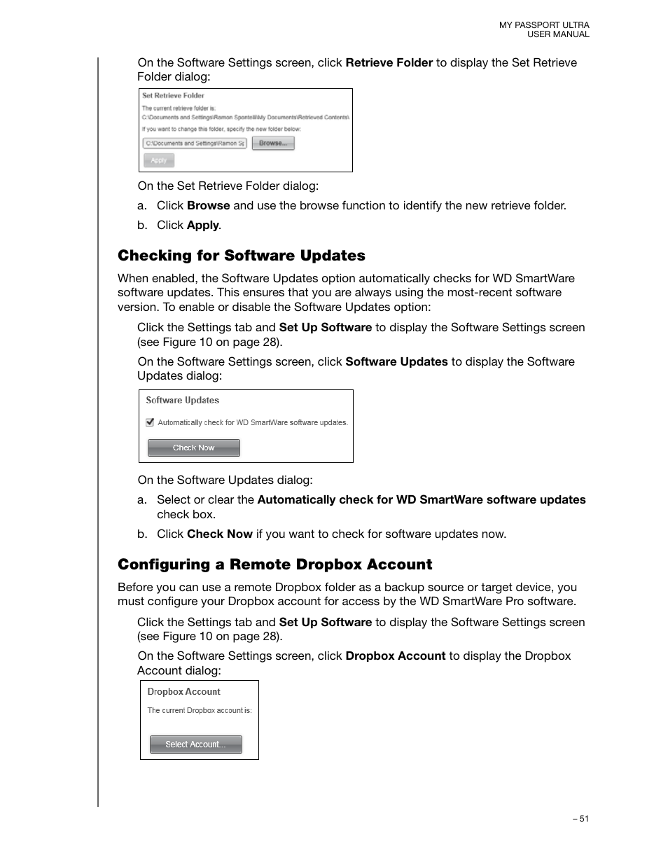 Checking for software updates, Configuring a remote dropbox account | Western Digital My Passport Ultra (Unencrypted drives) User Manual User Manual | Page 55 / 76