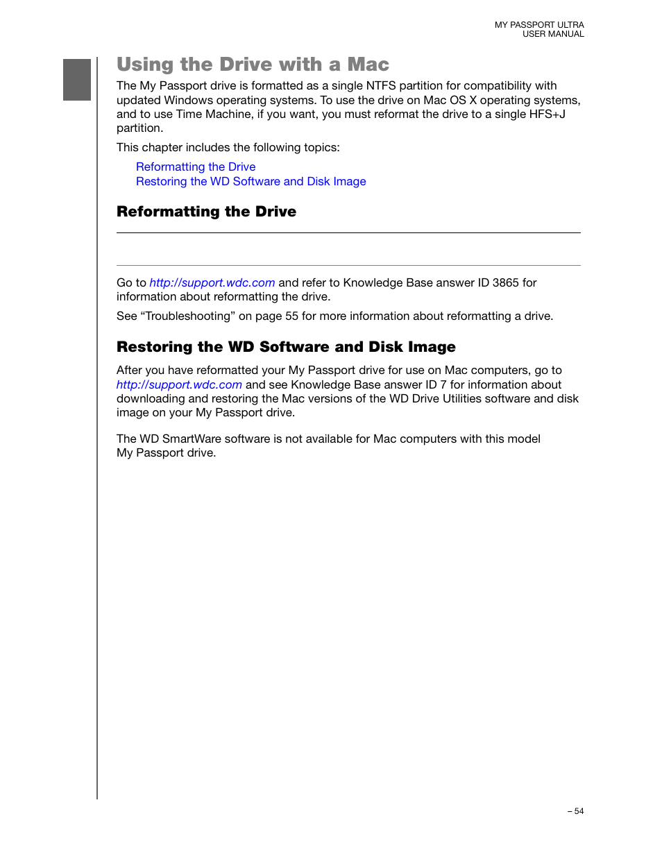 Using the drive with a mac, Reformatting the drive, Restoring the wd software and disk image | Western Digital My Passport Ultra (Unencrypted drives) User Manual User Manual | Page 58 / 76