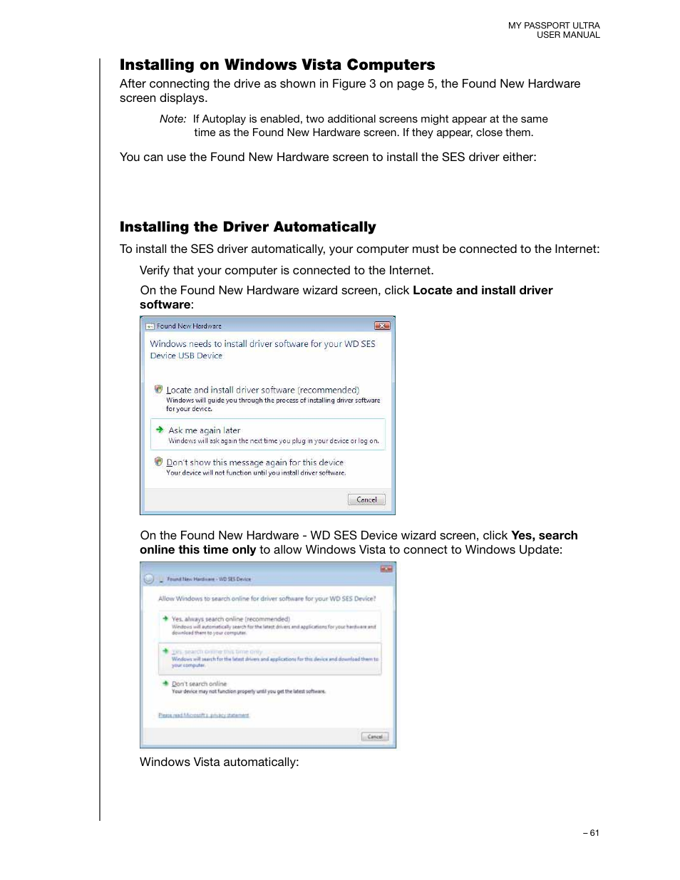 Installing on windows vista computers, Installing the driver automatically | Western Digital My Passport Ultra (Unencrypted drives) User Manual User Manual | Page 65 / 76