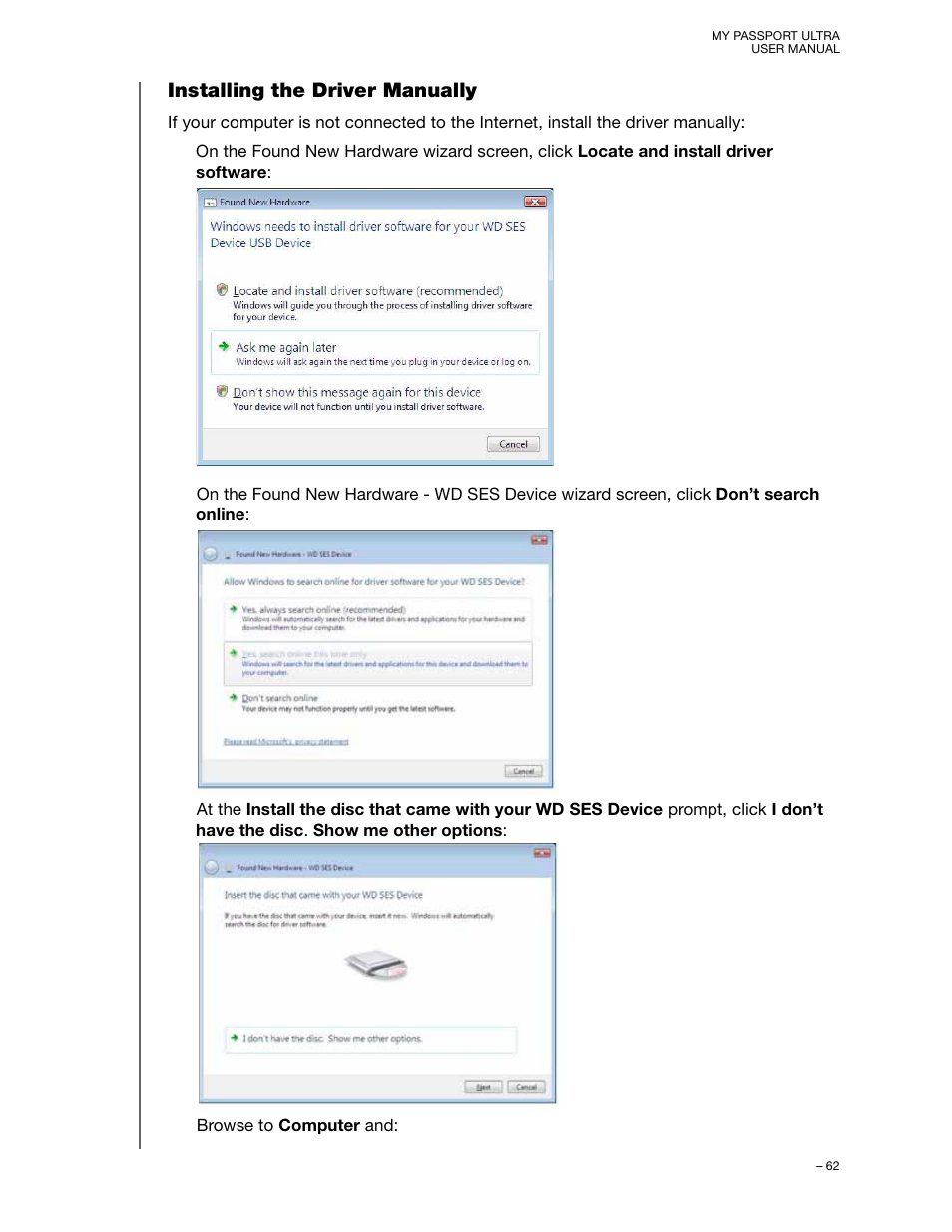 Installing the driver manually | Western Digital My Passport Ultra (Unencrypted drives) User Manual User Manual | Page 66 / 76