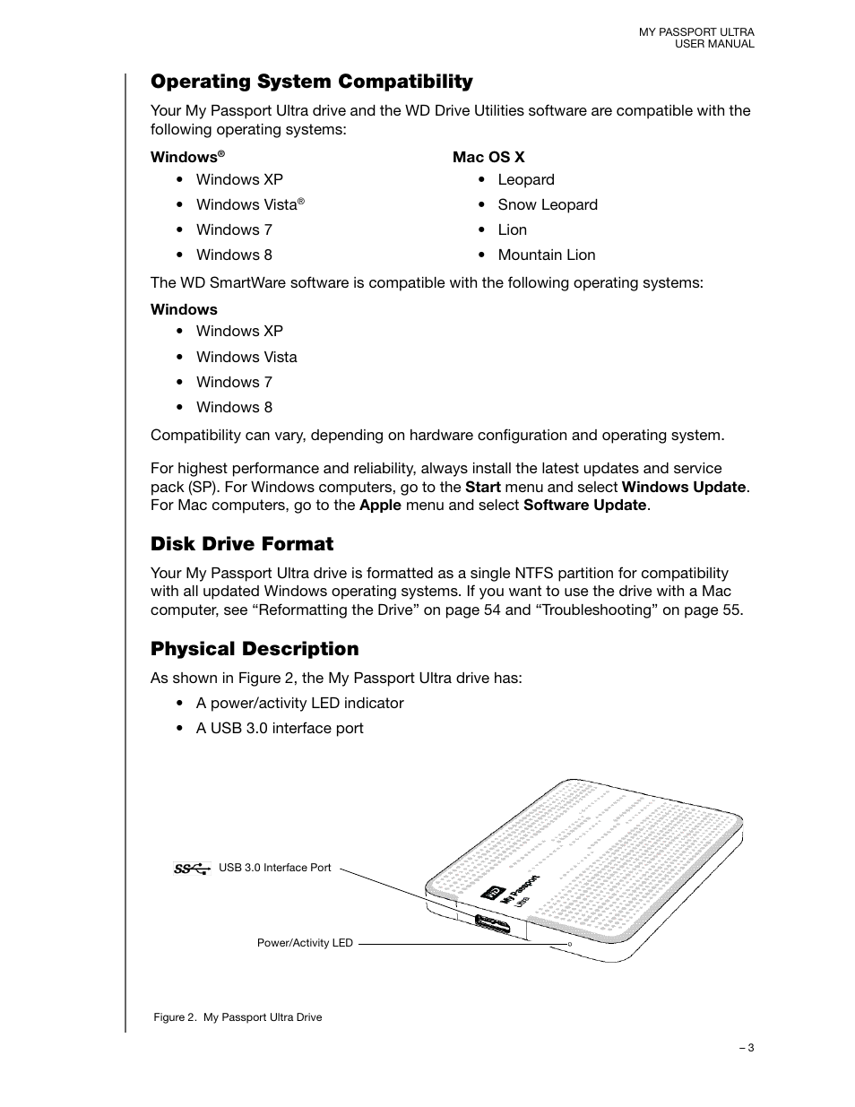 Operating system compatibility, Disk drive format, Physical description | Western Digital My Passport Ultra (Unencrypted drives) User Manual User Manual | Page 7 / 76