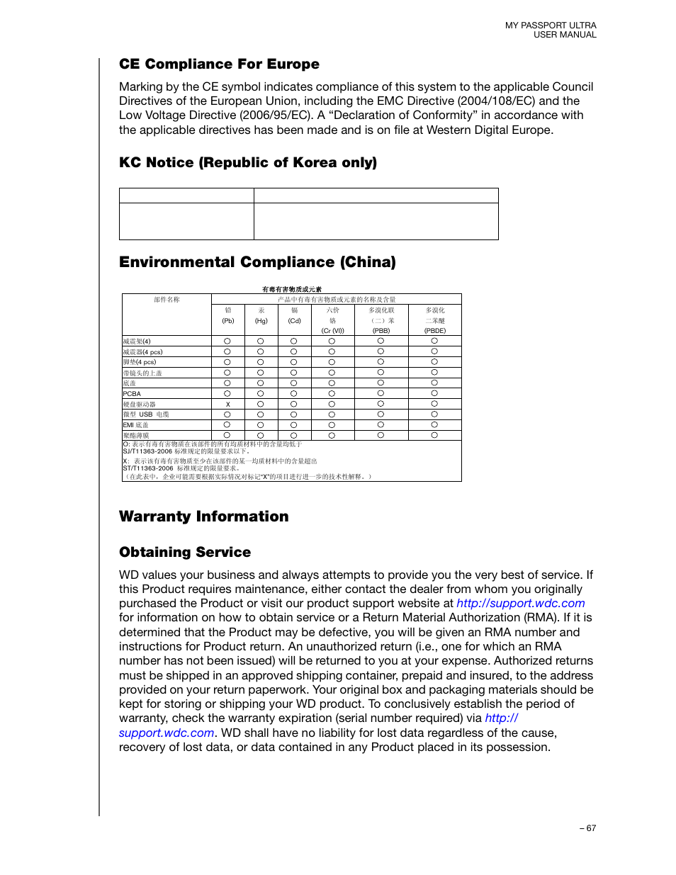 Ce compliance for europe, Kc notice (republic of korea only), Environmental compliance (china) | Warranty information, Obtaining service | Western Digital My Passport Ultra (Unencrypted drives) User Manual User Manual | Page 71 / 76