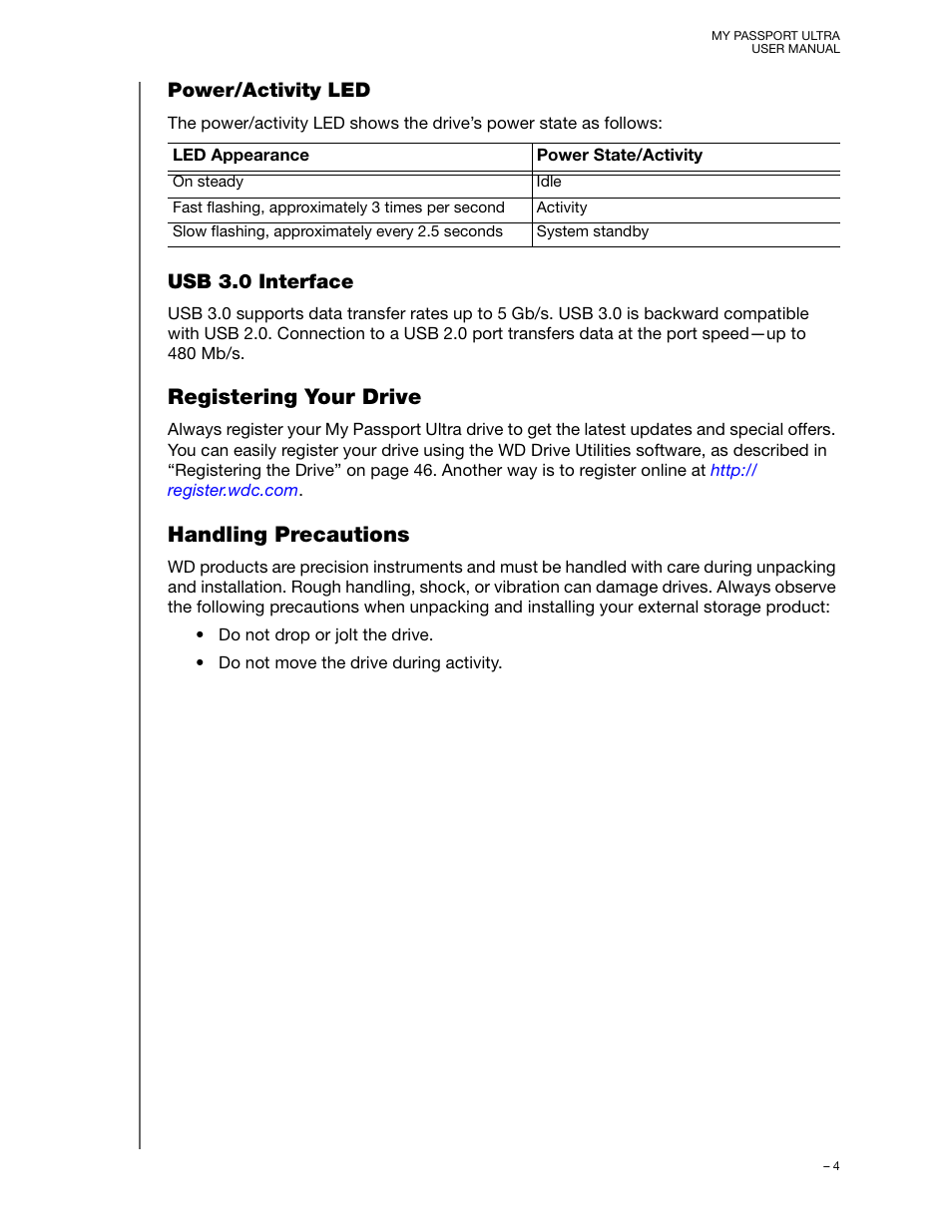 Power/activity led, Usb 3.0 interface, Registering your drive | Handling precautions, Registering your drive handling precautions | Western Digital My Passport Ultra (Unencrypted drives) User Manual User Manual | Page 8 / 76