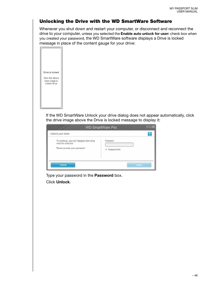 Unlocking the drive with the wd smartware software | Western Digital My Passport Slim User Manual User Manual | Page 51 / 85