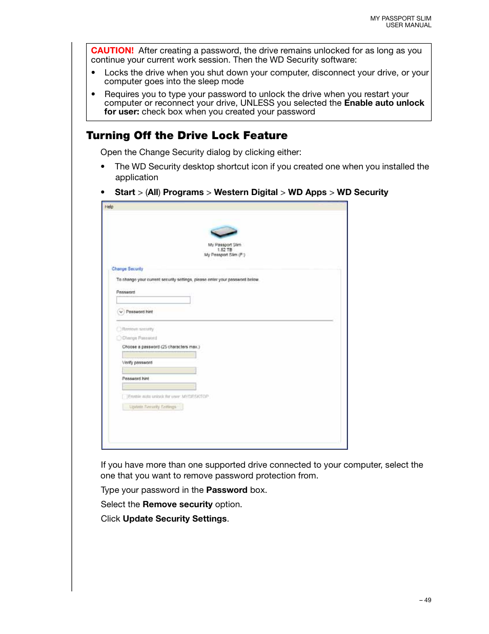 Turning off the drive lock feature | Western Digital My Passport Slim User Manual User Manual | Page 54 / 85
