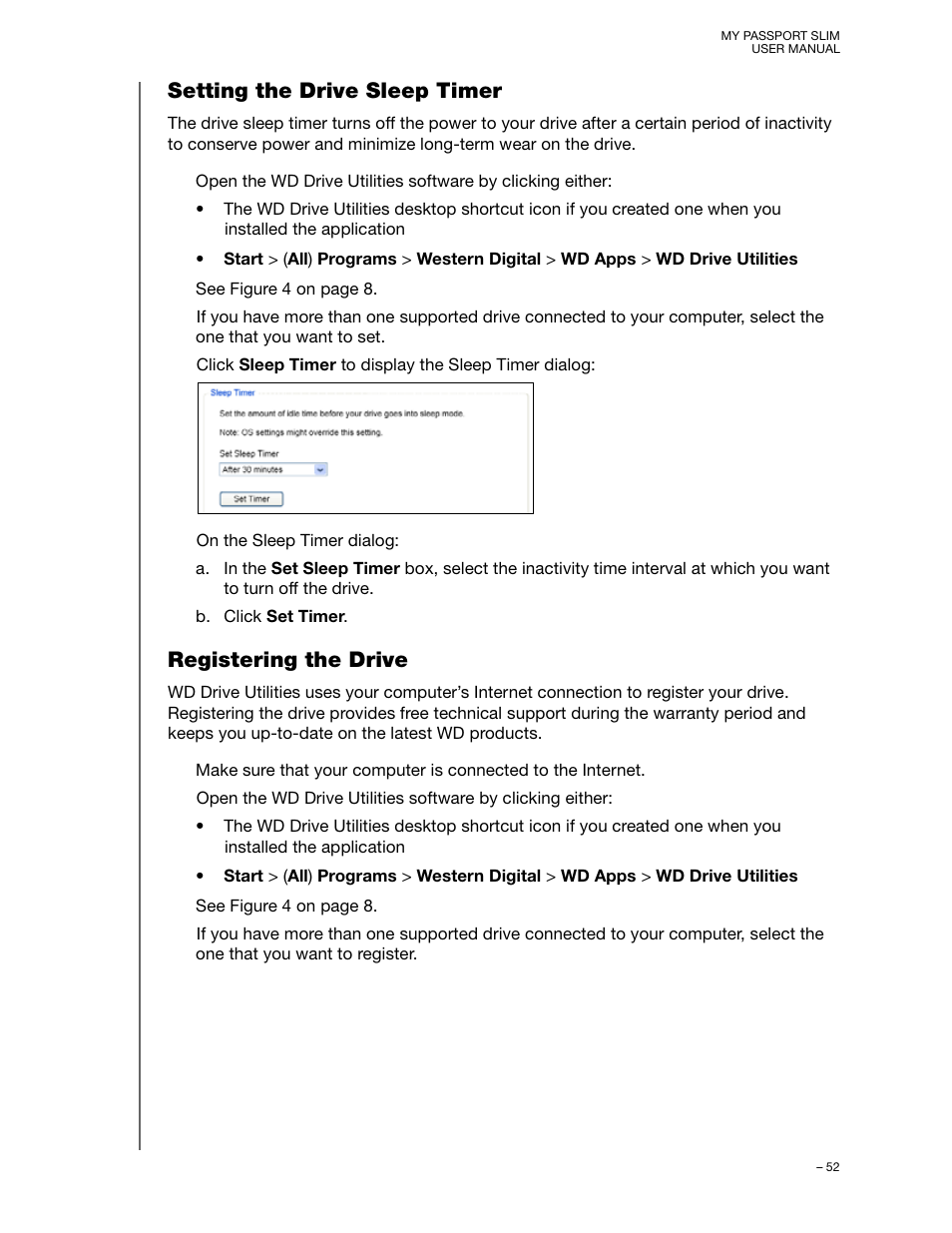 Setting the drive sleep timer, Registering the drive | Western Digital My Passport Slim User Manual User Manual | Page 57 / 85