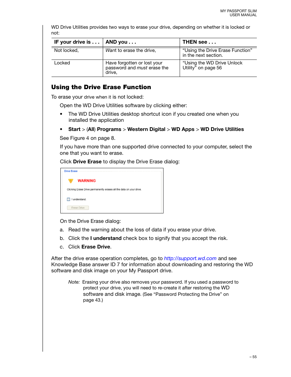 Using the drive erase function | Western Digital My Passport Slim User Manual User Manual | Page 60 / 85