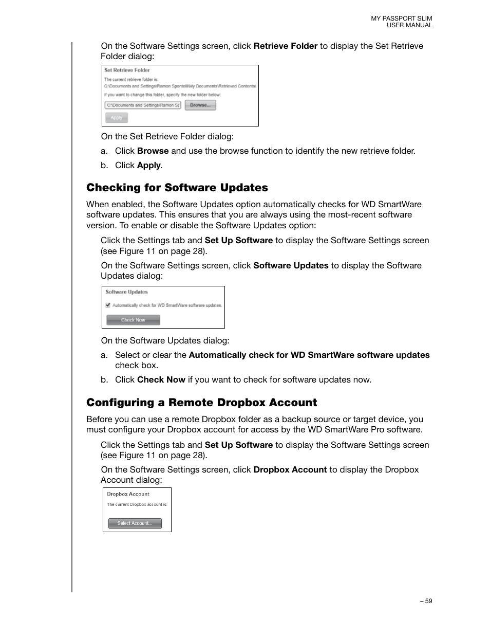 Checking for software updates, Configuring a remote dropbox account, Configuring a remote dropbox account” on p | Western Digital My Passport Slim User Manual User Manual | Page 64 / 85