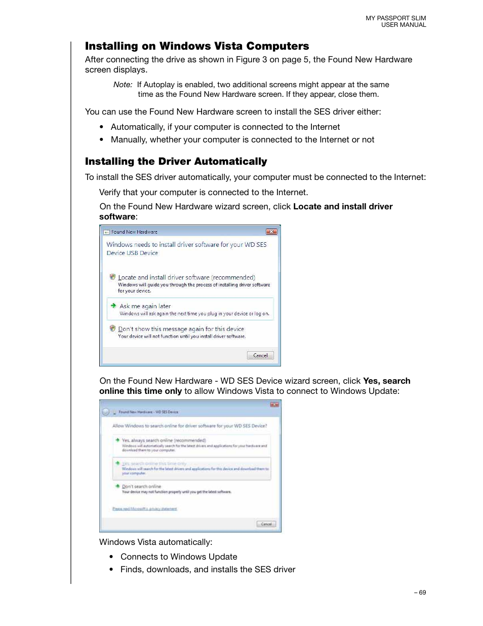 Installing on windows vista computers, Installing the driver automatically | Western Digital My Passport Slim User Manual User Manual | Page 74 / 85