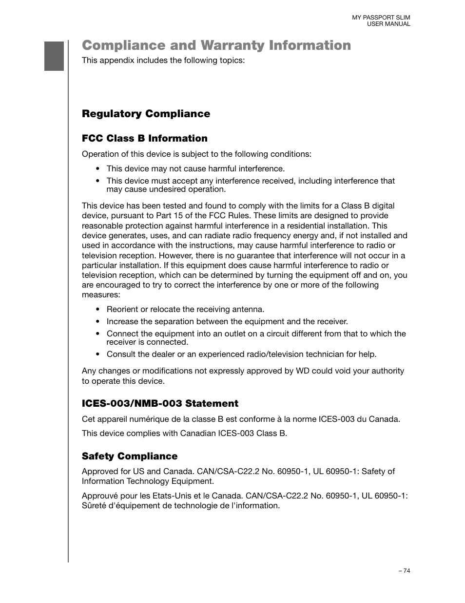 Compliance and warranty information, Regulatory compliance, Fcc class b information | Ices-003/nmb-003 statement, Safety compliance | Western Digital My Passport Slim User Manual User Manual | Page 79 / 85