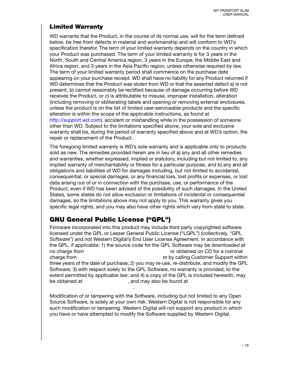 Limited warranty, Gnu general public license (“gpl”) | Western Digital My Passport Slim User Manual User Manual | Page 81 / 85