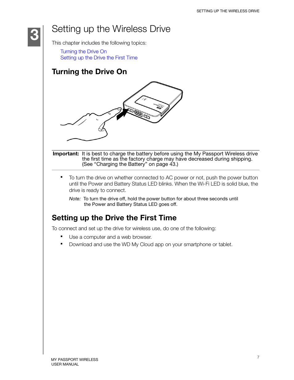 Setting up the wireless drive, Turning the drive on, Setting up the drive the first time | Western Digital My Passport Wireless User Manual User Manual | Page 12 / 73