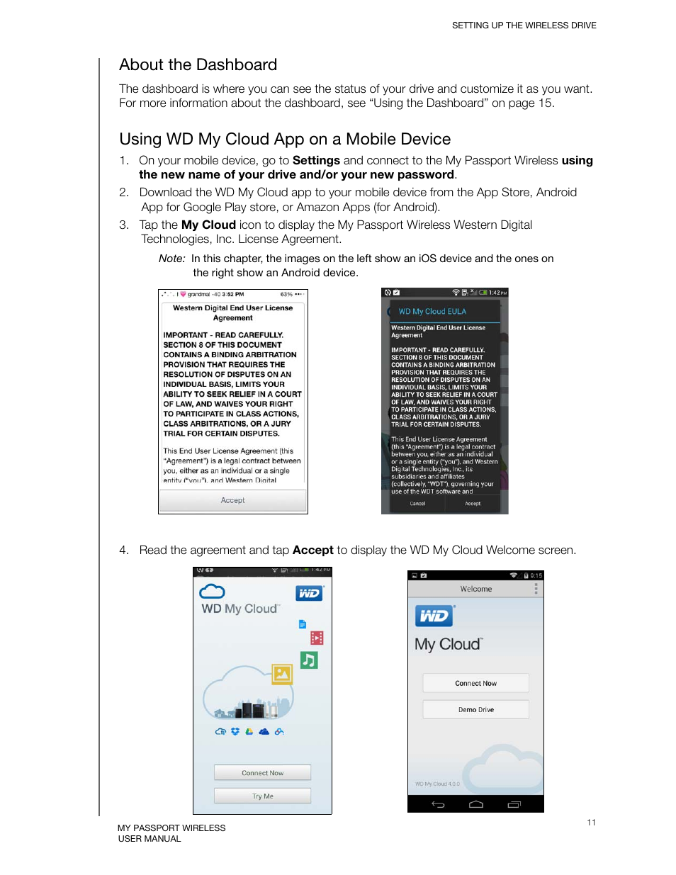 About the dashboard, Using wd my cloud app on a mobile device | Western Digital My Passport Wireless User Manual User Manual | Page 16 / 73