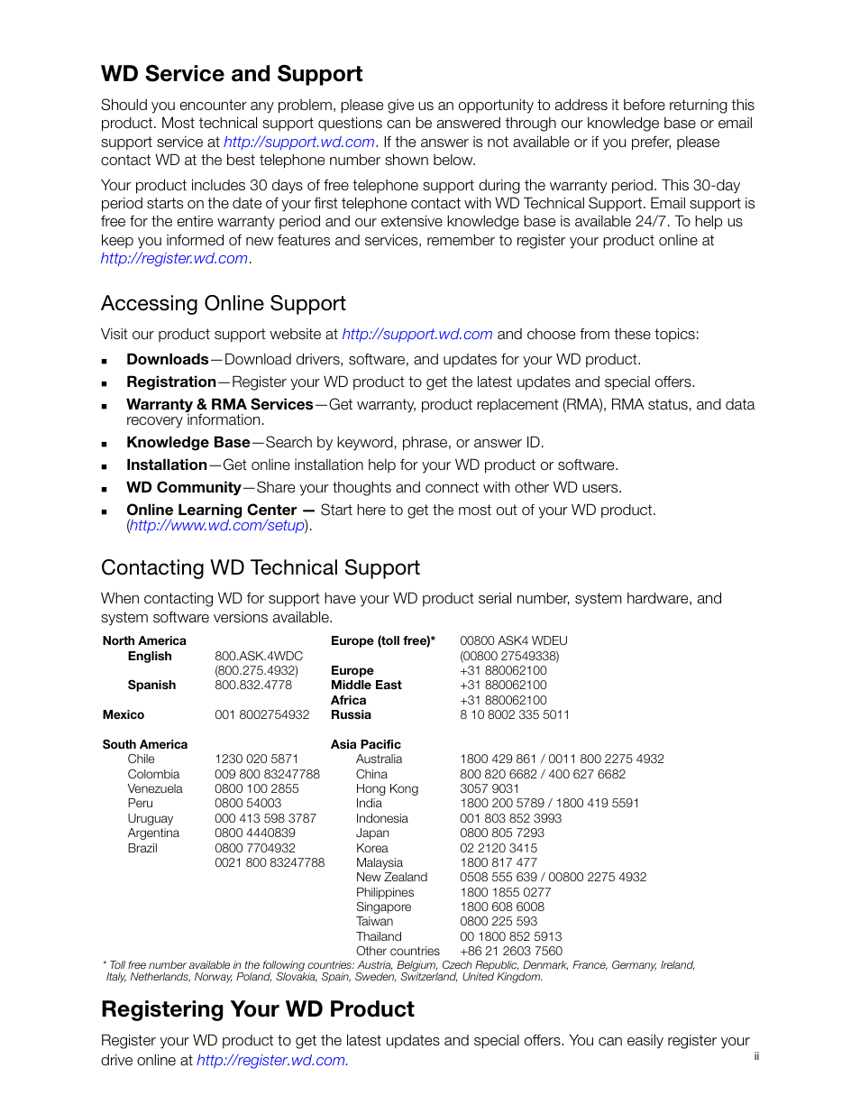 Wd service and support, Accessing online support, Contacting wd technical support | Registering your wd product | Western Digital My Passport Wireless User Manual User Manual | Page 2 / 73
