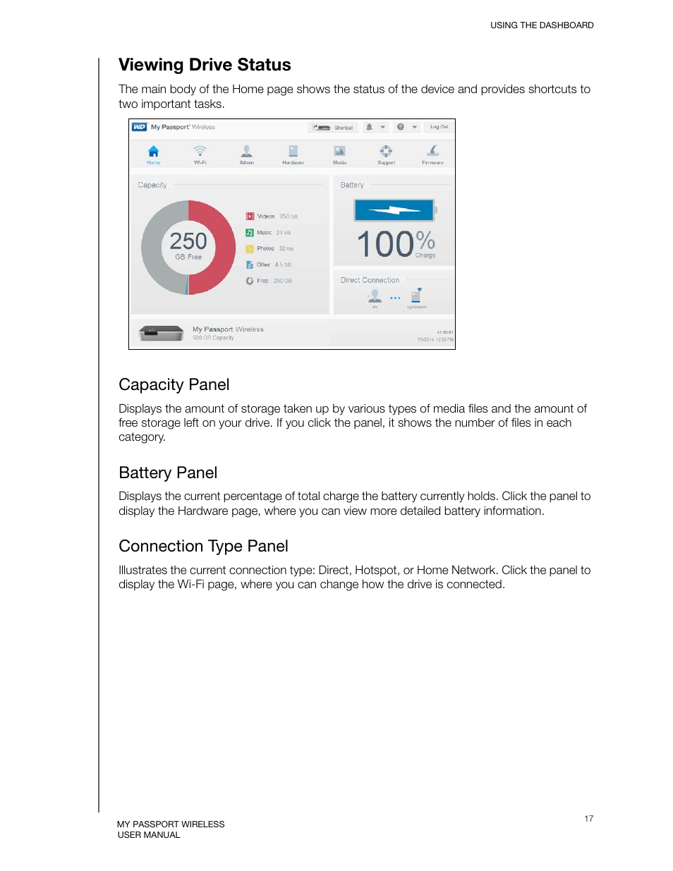 Viewing drive status, Capacity panel, Battery panel | Connection type panel | Western Digital My Passport Wireless User Manual User Manual | Page 22 / 73