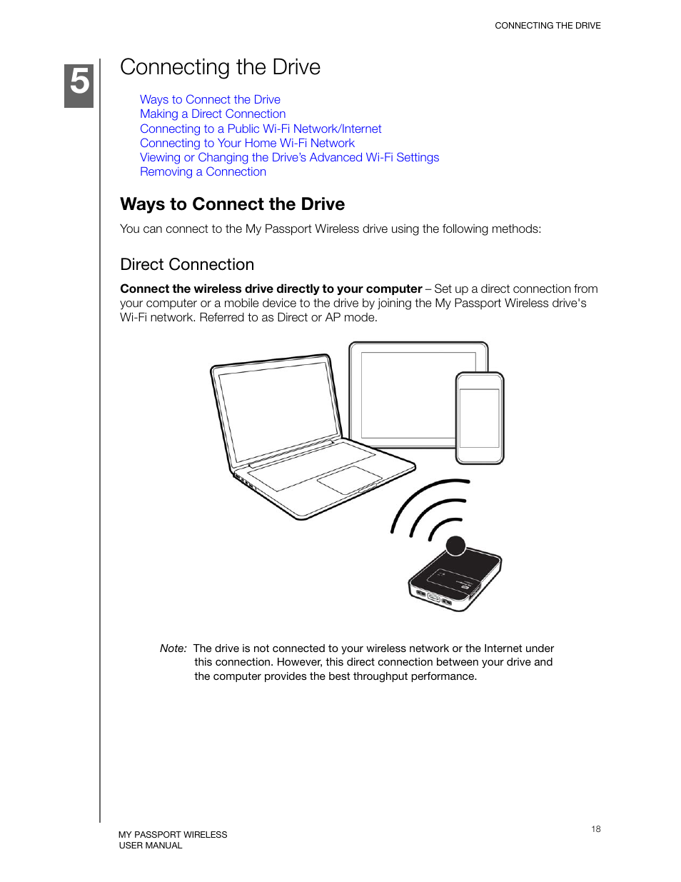 Connecting the drive, Ways to connect the drive, Direct connection | Western Digital My Passport Wireless User Manual User Manual | Page 23 / 73