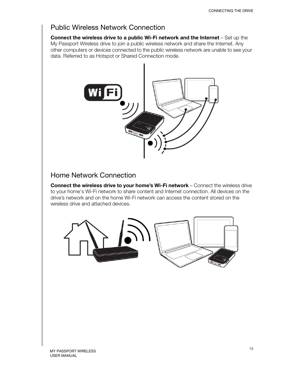 Public wireless network connection, Home network connection | Western Digital My Passport Wireless User Manual User Manual | Page 24 / 73