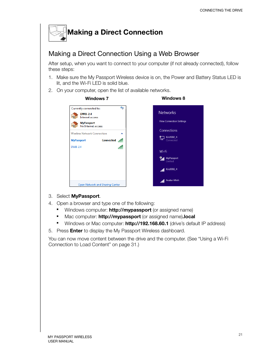 Making a direct connection, Making a direct connection using a web browser | Western Digital My Passport Wireless User Manual User Manual | Page 26 / 73