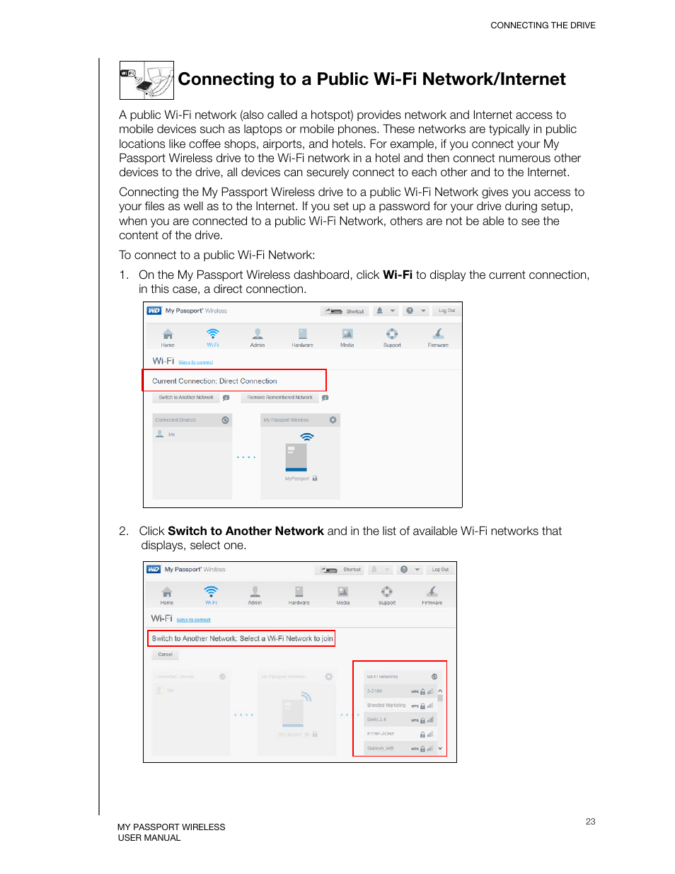 Connecting to a public wi-fi network/internet | Western Digital My Passport Wireless User Manual User Manual | Page 28 / 73