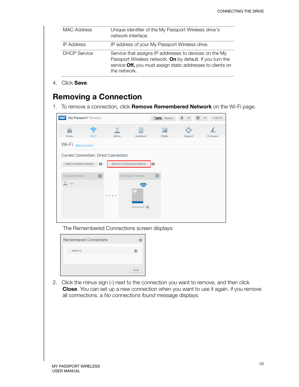 Removing a connection | Western Digital My Passport Wireless User Manual User Manual | Page 34 / 73
