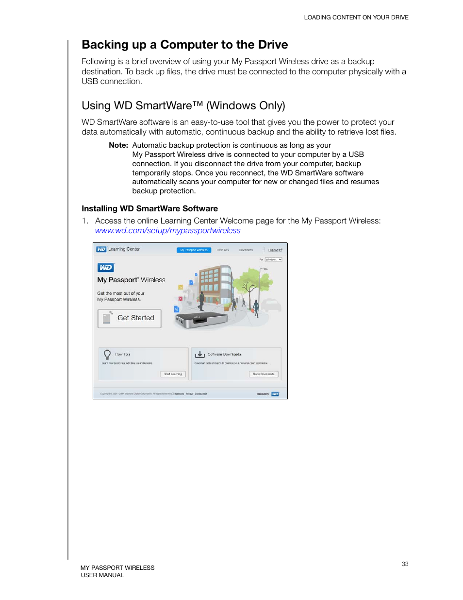 Backing up a computer to the drive, Using wd smartware™ (windows only) | Western Digital My Passport Wireless User Manual User Manual | Page 38 / 73