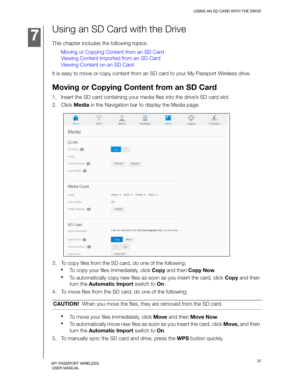 Using an sd card with the drive, Moving or copying content from an sd card, Ee “moving or copying content from an | Western Digital My Passport Wireless User Manual User Manual | Page 41 / 73