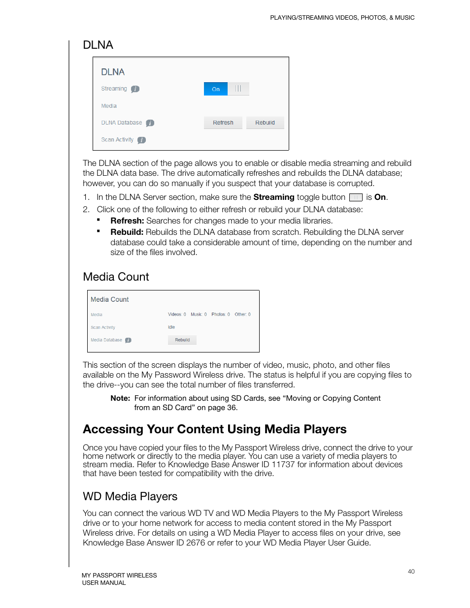 Dlna, Media count, Accessing your content using media players | Wd media players | Western Digital My Passport Wireless User Manual User Manual | Page 45 / 73
