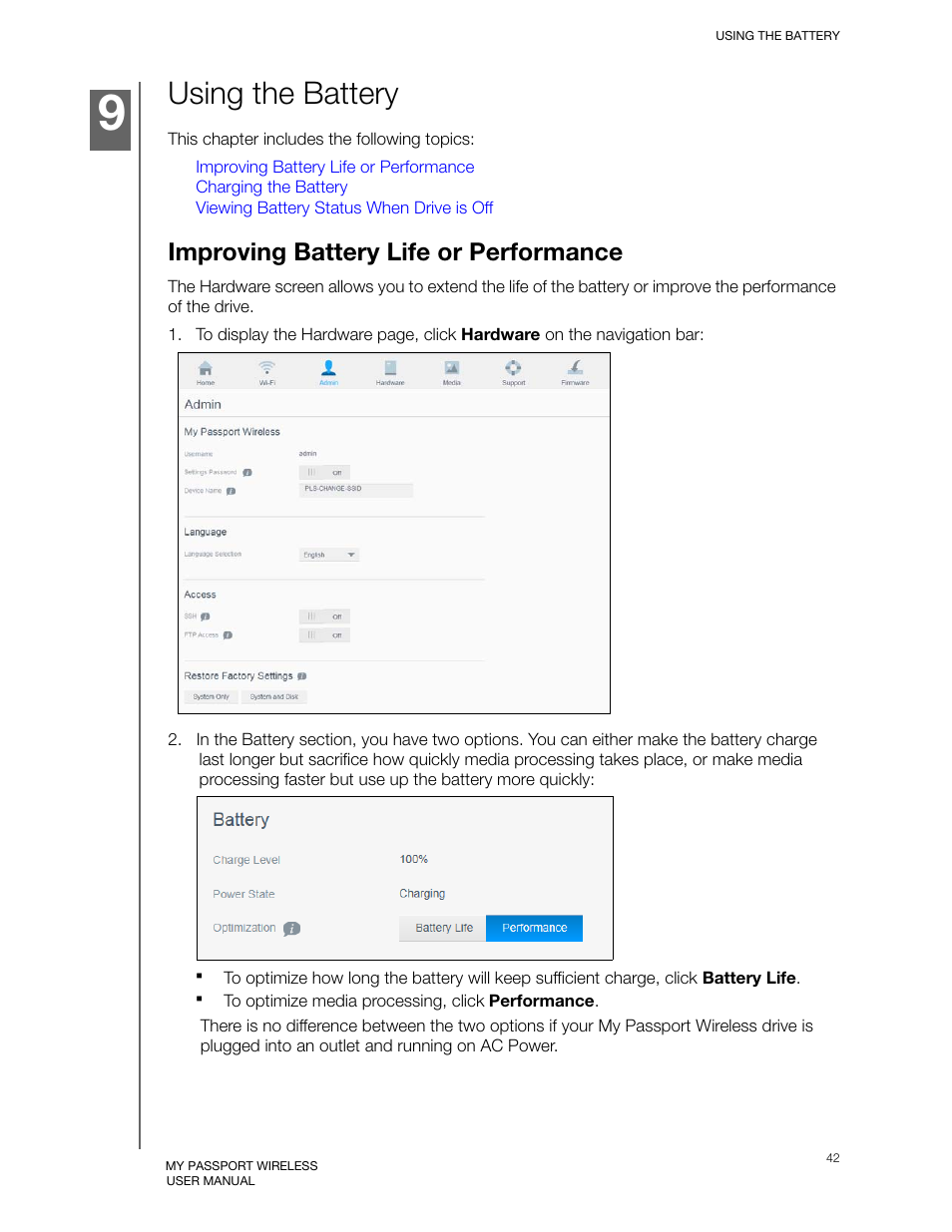 Using the battery, Improving battery life or performance | Western Digital My Passport Wireless User Manual User Manual | Page 47 / 73
