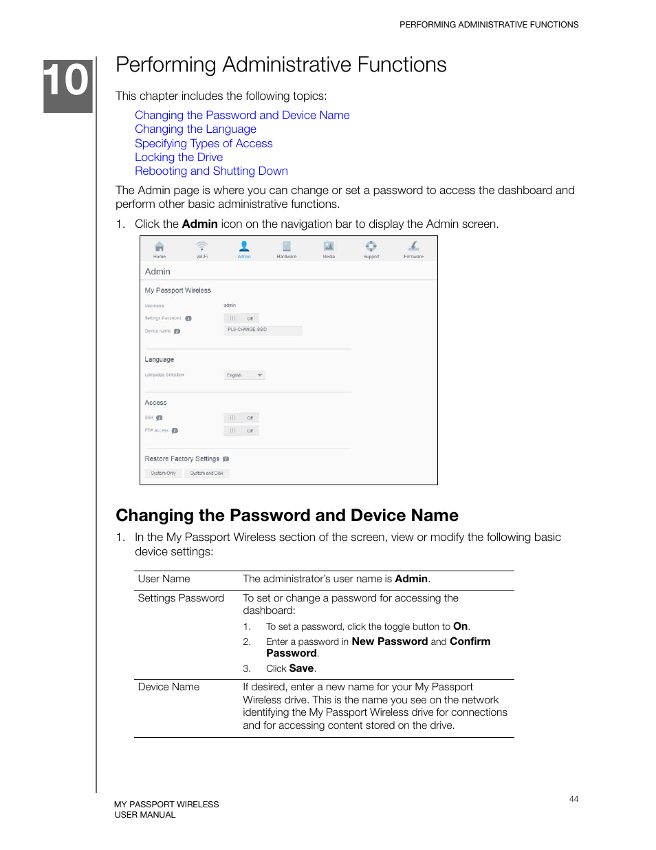 Performing administrative functions, Changing the password and device name, Tions | Western Digital My Passport Wireless User Manual User Manual | Page 49 / 73