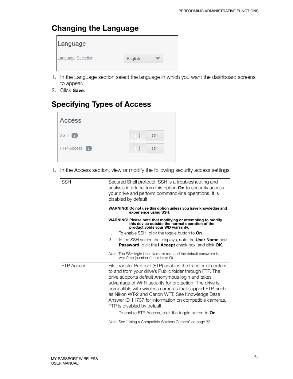 Changing the language, Specifying types of access | Western Digital My Passport Wireless User Manual User Manual | Page 50 / 73