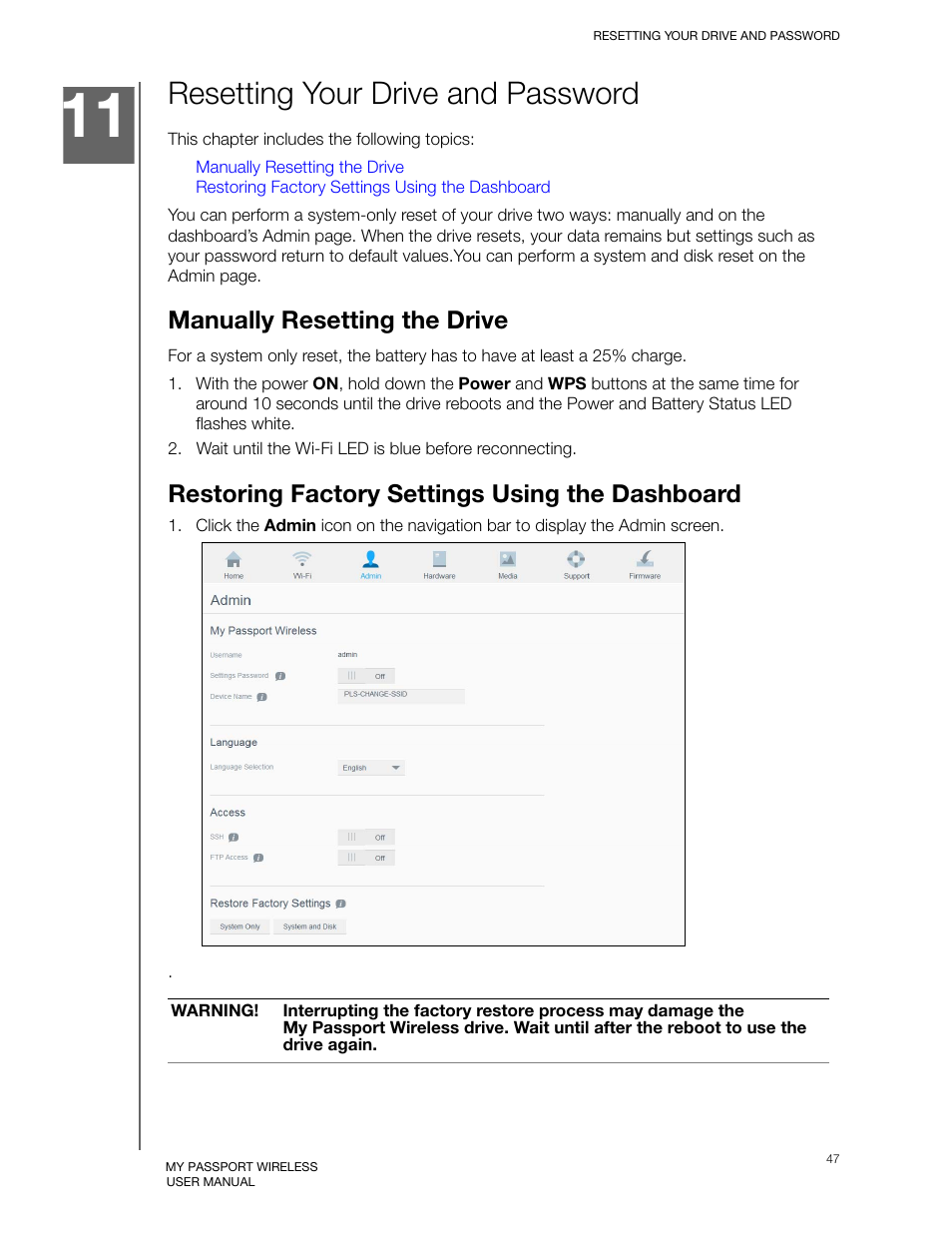 Resetting your drive and password, Manually resetting the drive, Restoring factory settings using the dashboard | Western Digital My Passport Wireless User Manual User Manual | Page 52 / 73