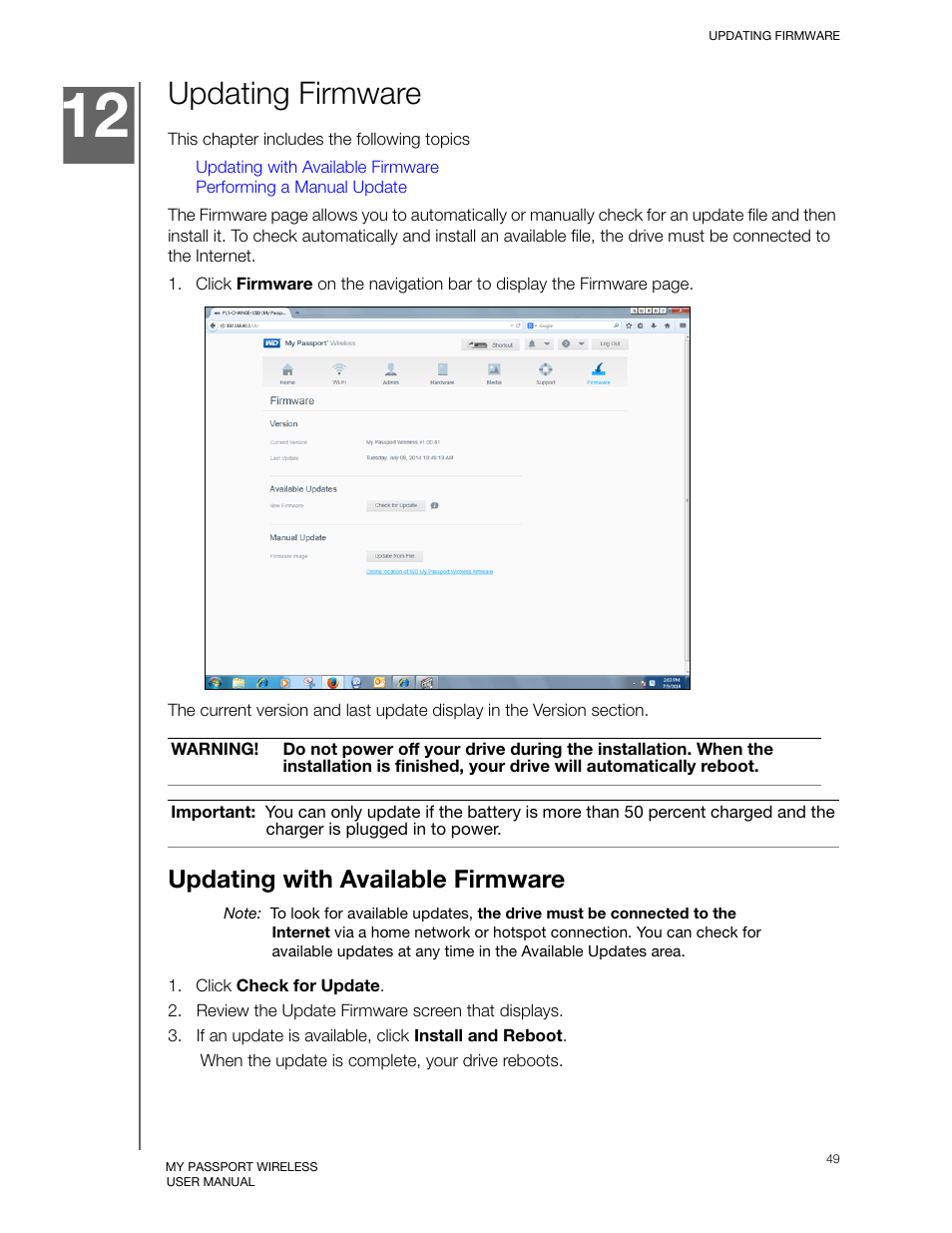 Updating firmware, Updating with available firmware | Western Digital My Passport Wireless User Manual User Manual | Page 54 / 73