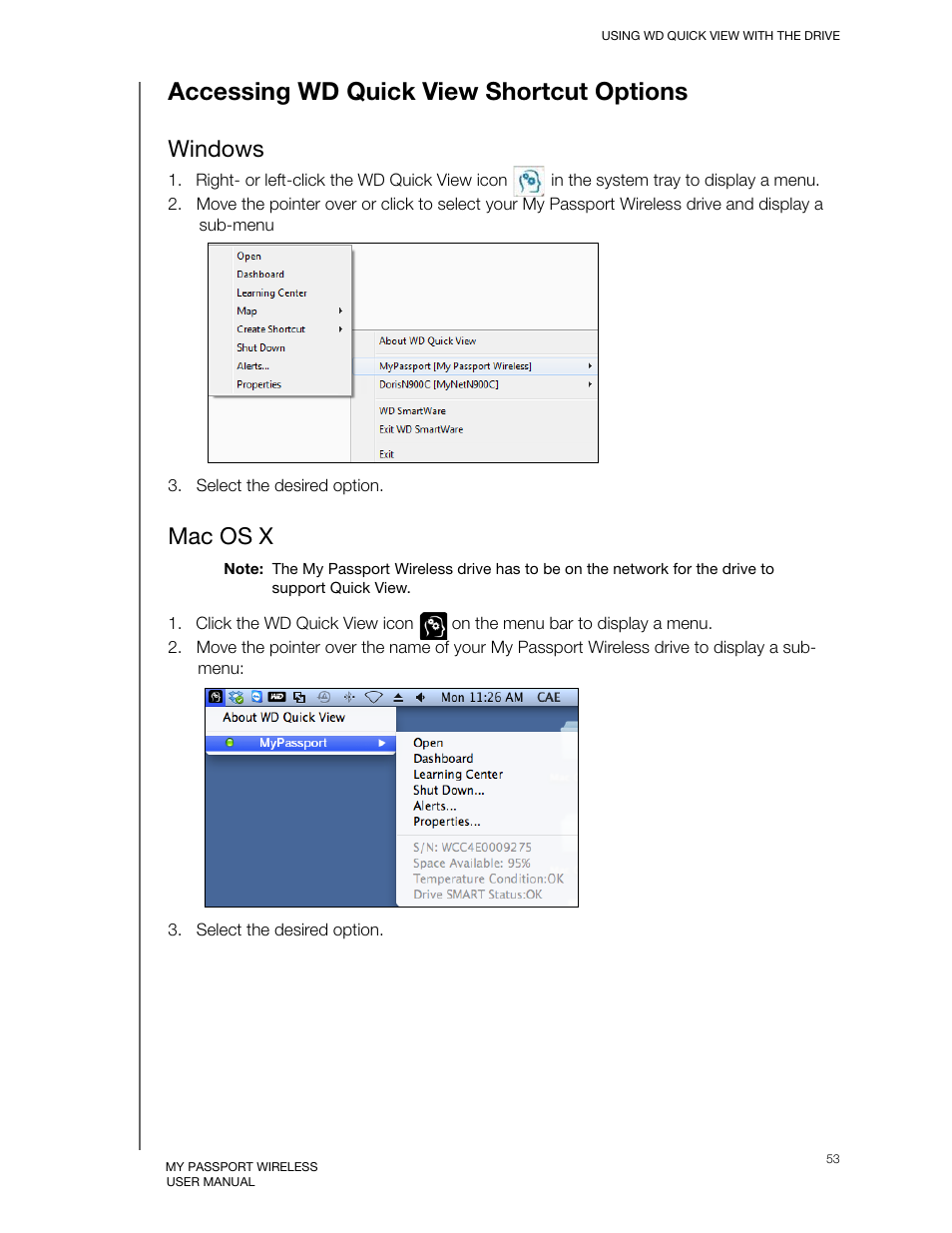 Accessing wd quick view shortcut options, Windows, Mac os x | Western Digital My Passport Wireless User Manual User Manual | Page 58 / 73