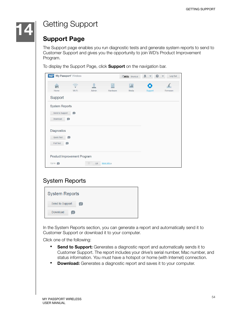 Getting support, System reports | Western Digital My Passport Wireless User Manual User Manual | Page 59 / 73