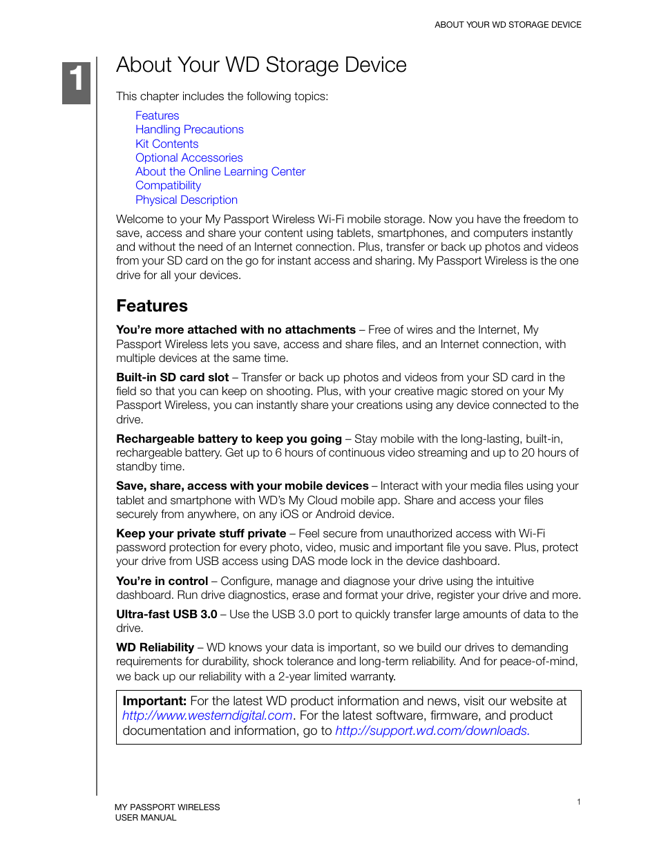 About your wd storage device, Features | Western Digital My Passport Wireless User Manual User Manual | Page 6 / 73
