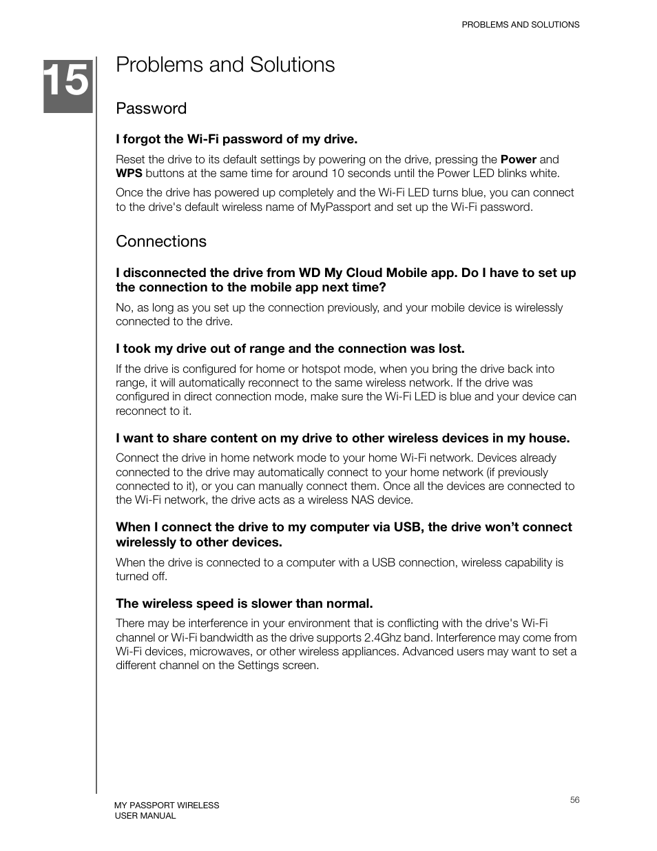 Problems and solutions, Password, Connections | Western Digital My Passport Wireless User Manual User Manual | Page 61 / 73