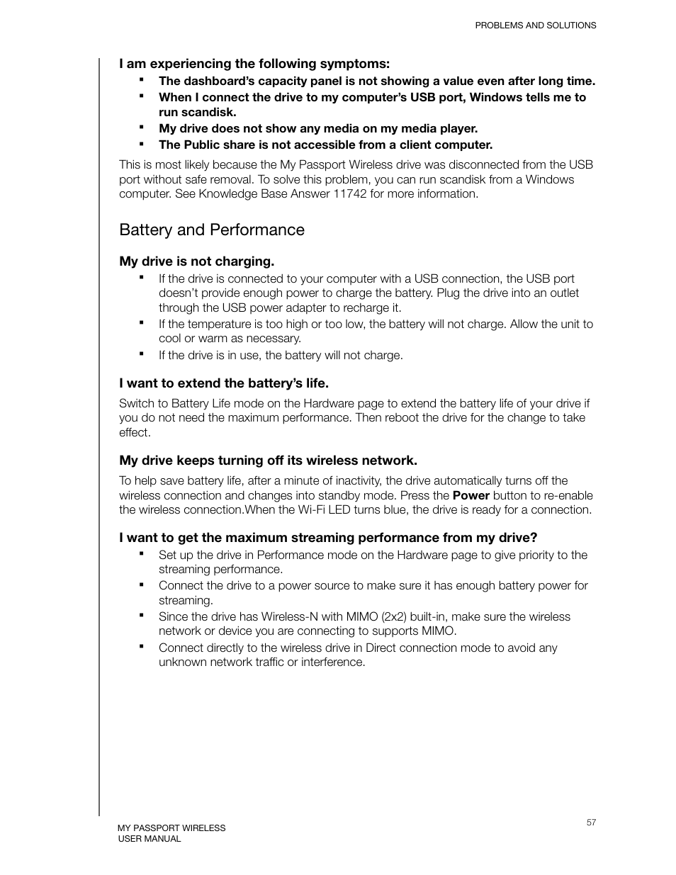 Battery and performance, I am experiencing the following symptoms, My drive is not charging | I want to extend the battery’s life, My drive keeps turning off its wireless network | Western Digital My Passport Wireless User Manual User Manual | Page 62 / 73