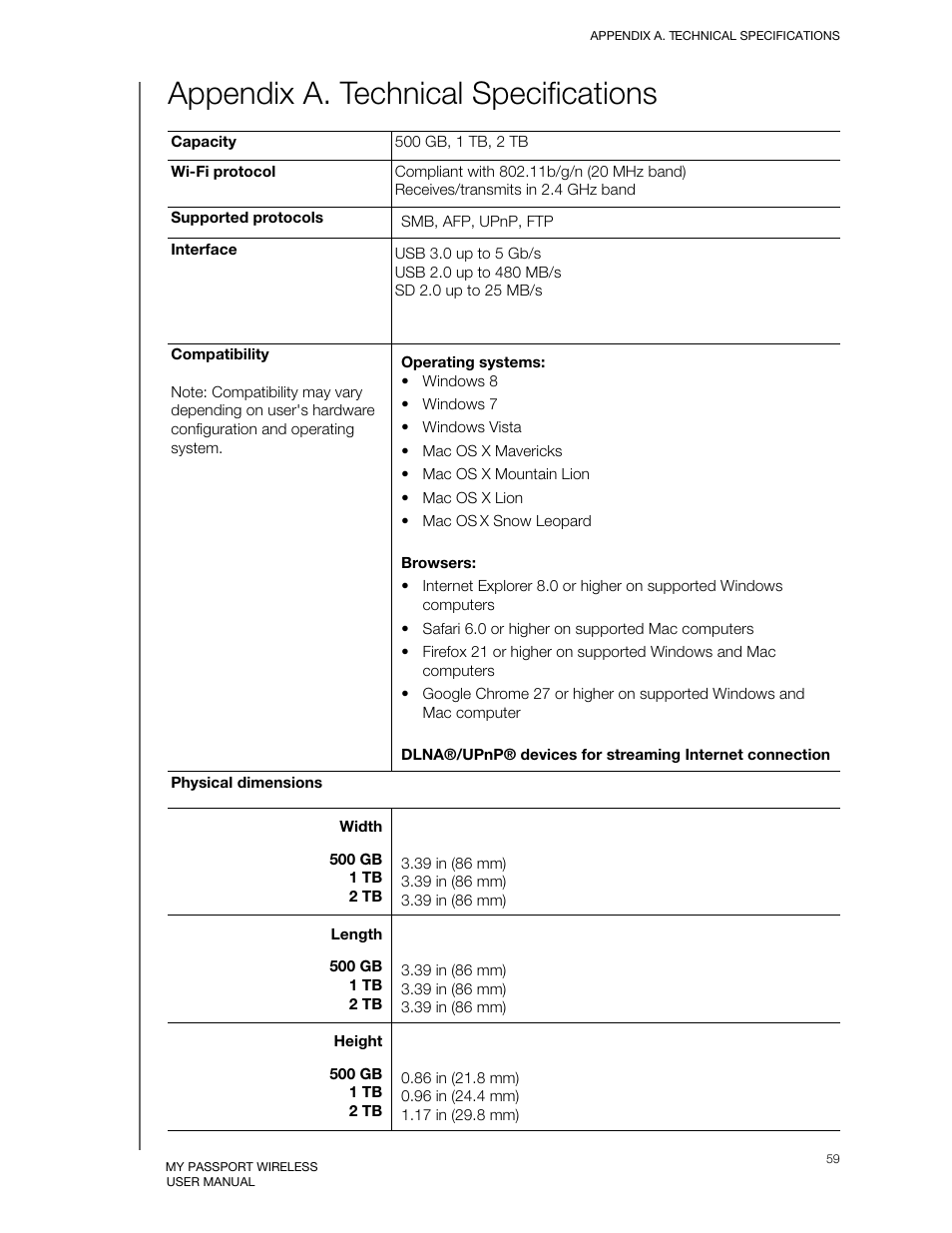 Appendix a. technical specifications | Western Digital My Passport Wireless User Manual User Manual | Page 64 / 73