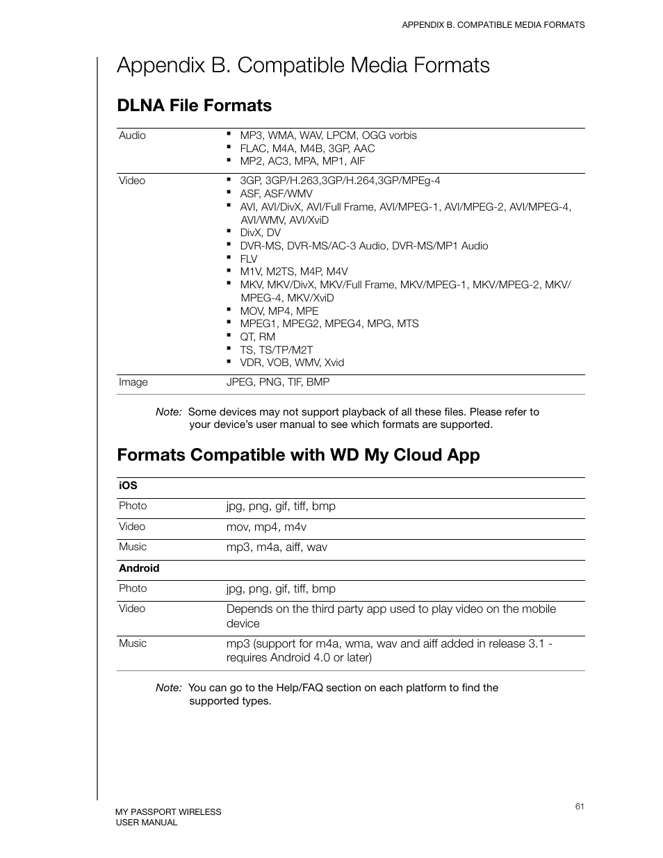 Appendix b. compatible media formats, Dlna file formats, Formats compatible with wd my cloud app | Appendix b: compatible media formats | Western Digital My Passport Wireless User Manual User Manual | Page 66 / 73