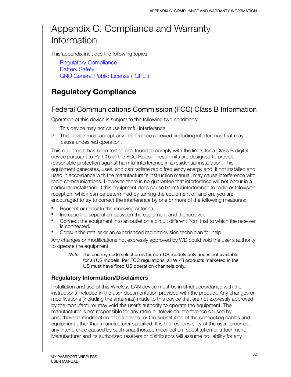 Appendix c. compliance and warranty information, Regulatory compliance | Western Digital My Passport Wireless User Manual User Manual | Page 67 / 73