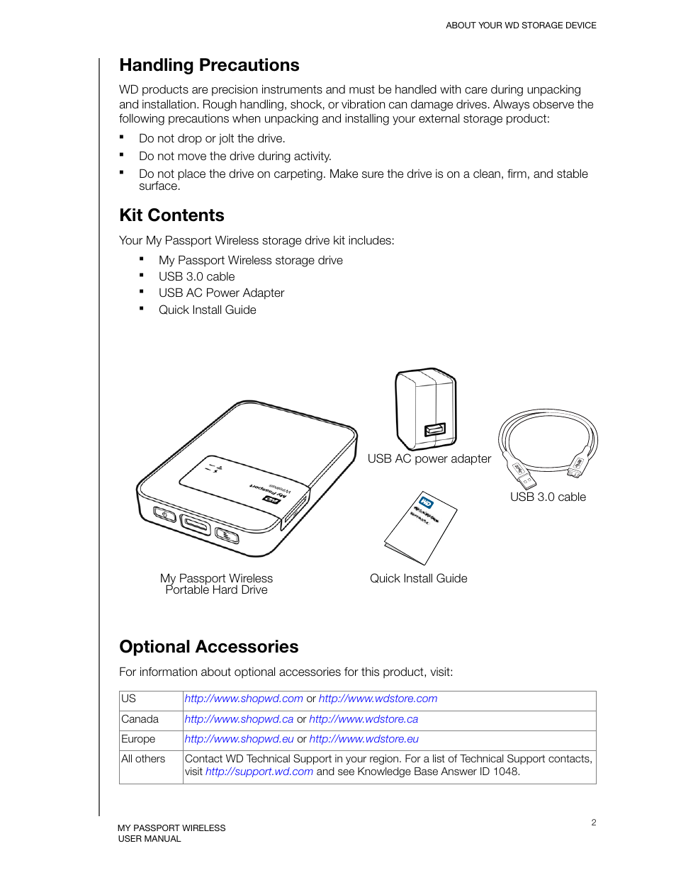 Handling precautions, Kit contents, Optional accessories | Western Digital My Passport Wireless User Manual User Manual | Page 7 / 73