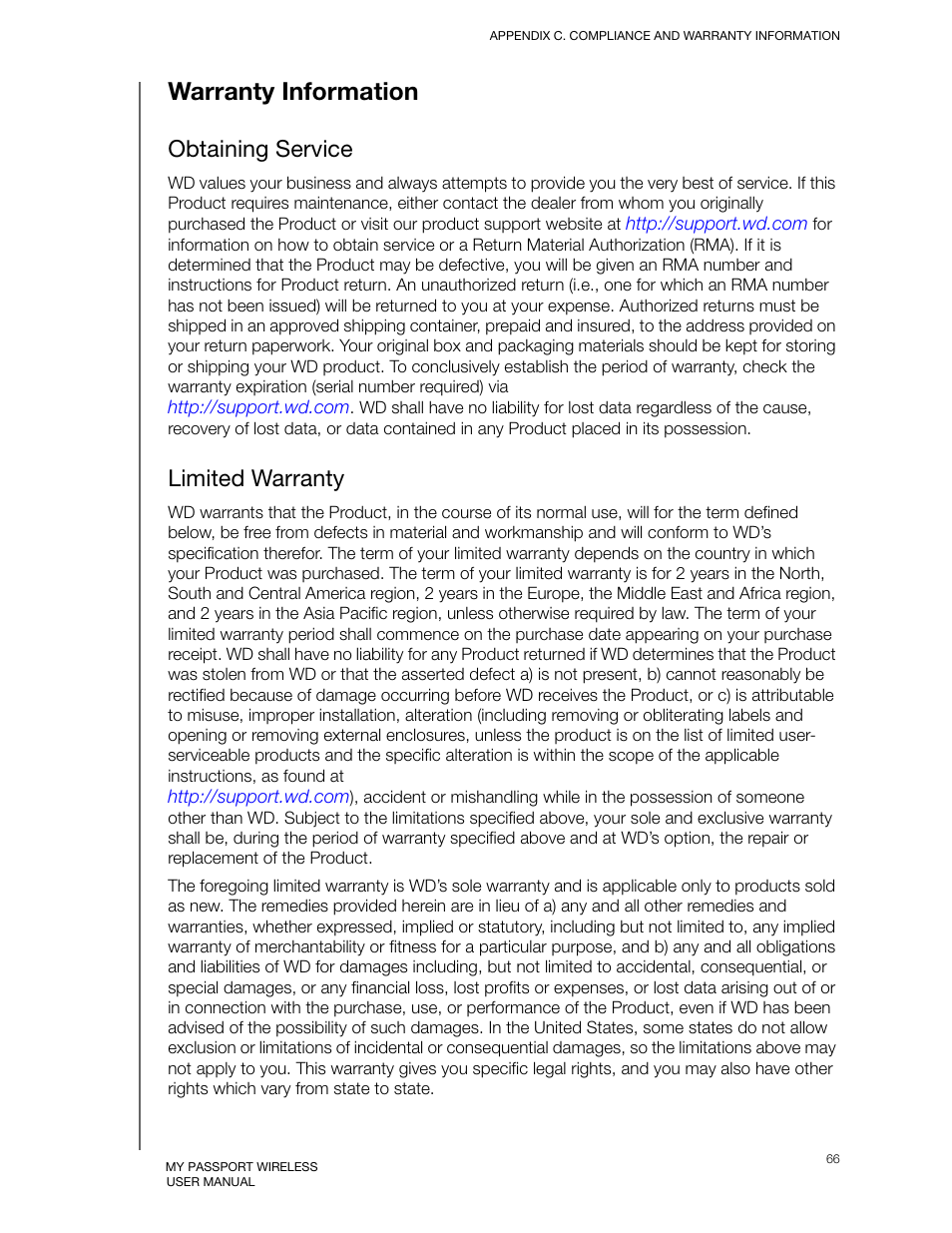 Warranty information, Obtaining service, Limited warranty | Western Digital My Passport Wireless User Manual User Manual | Page 71 / 73