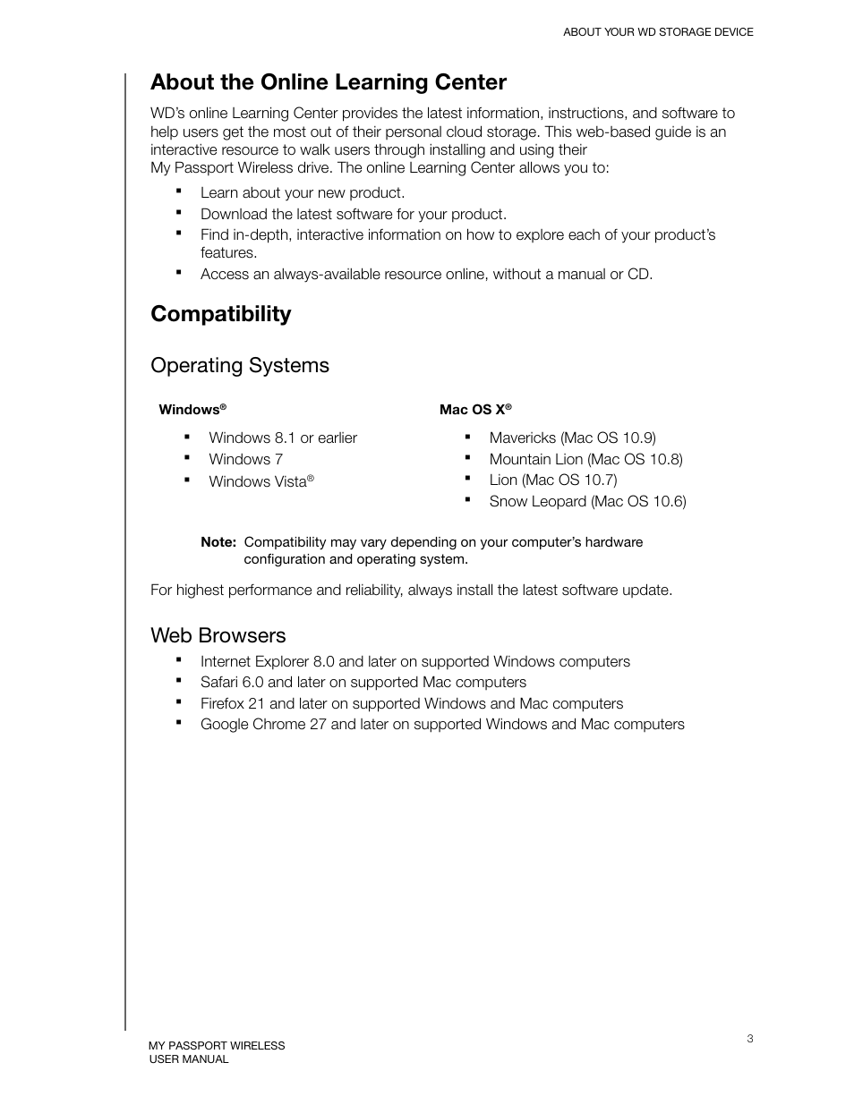 About the online learning center, Compatibility, Operating systems | Web browsers, About the online learning center compatibility | Western Digital My Passport Wireless User Manual User Manual | Page 8 / 73