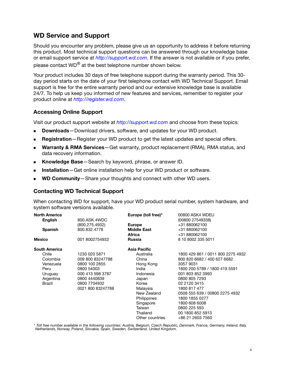 Wd service and support, Accessing online support, Contacting wd technical support | Western Digital My Passport Ultra Metal User Manual User Manual | Page 2 / 86