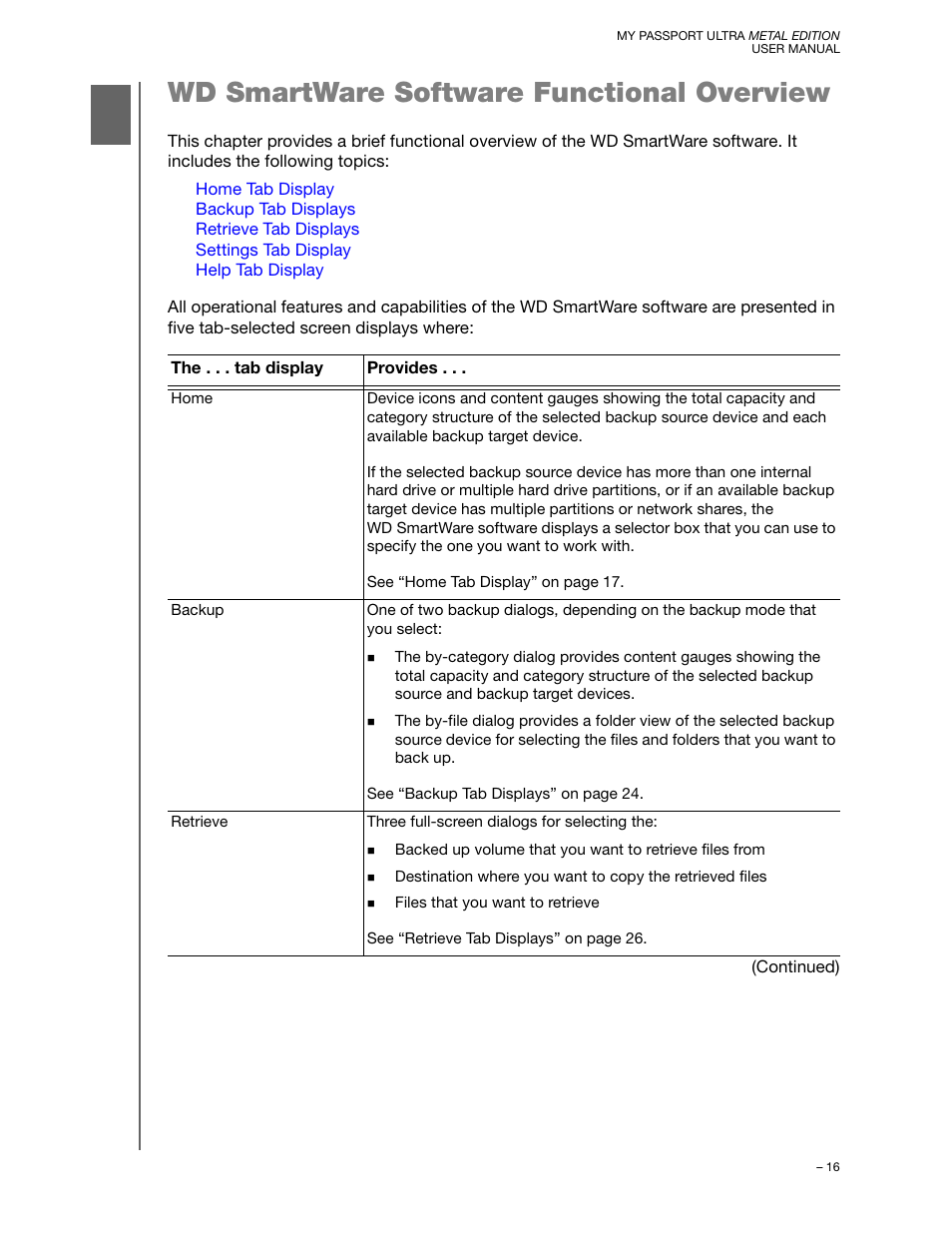 Wd smartware software functional overview | Western Digital My Passport Ultra Metal User Manual User Manual | Page 21 / 86