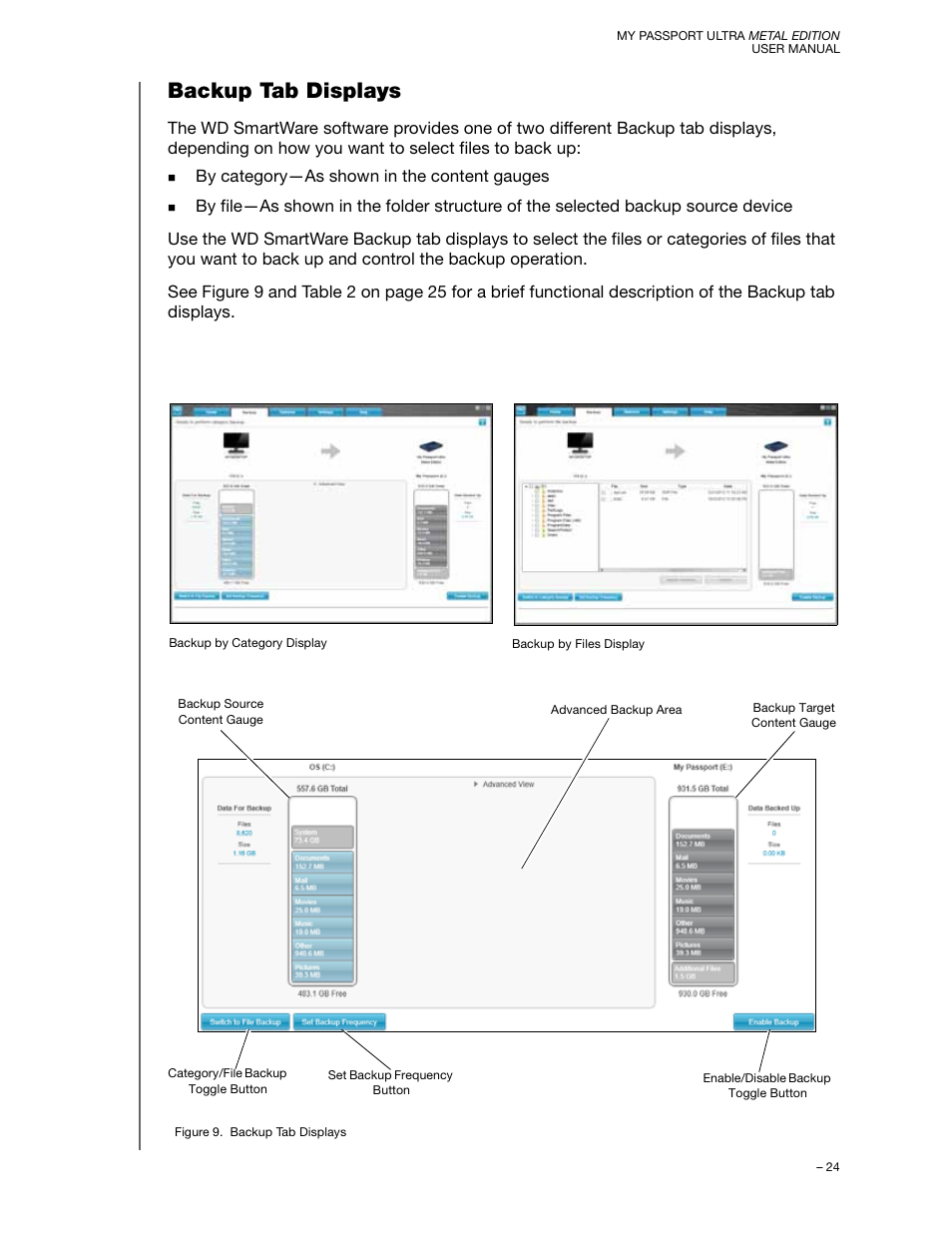 Backup tab displays, By category—as shown in the content gauges | Western Digital My Passport Ultra Metal User Manual User Manual | Page 29 / 86