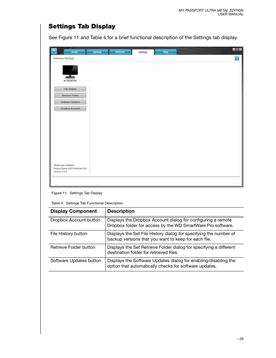 Settings tab display | Western Digital My Passport Ultra Metal User Manual User Manual | Page 34 / 86