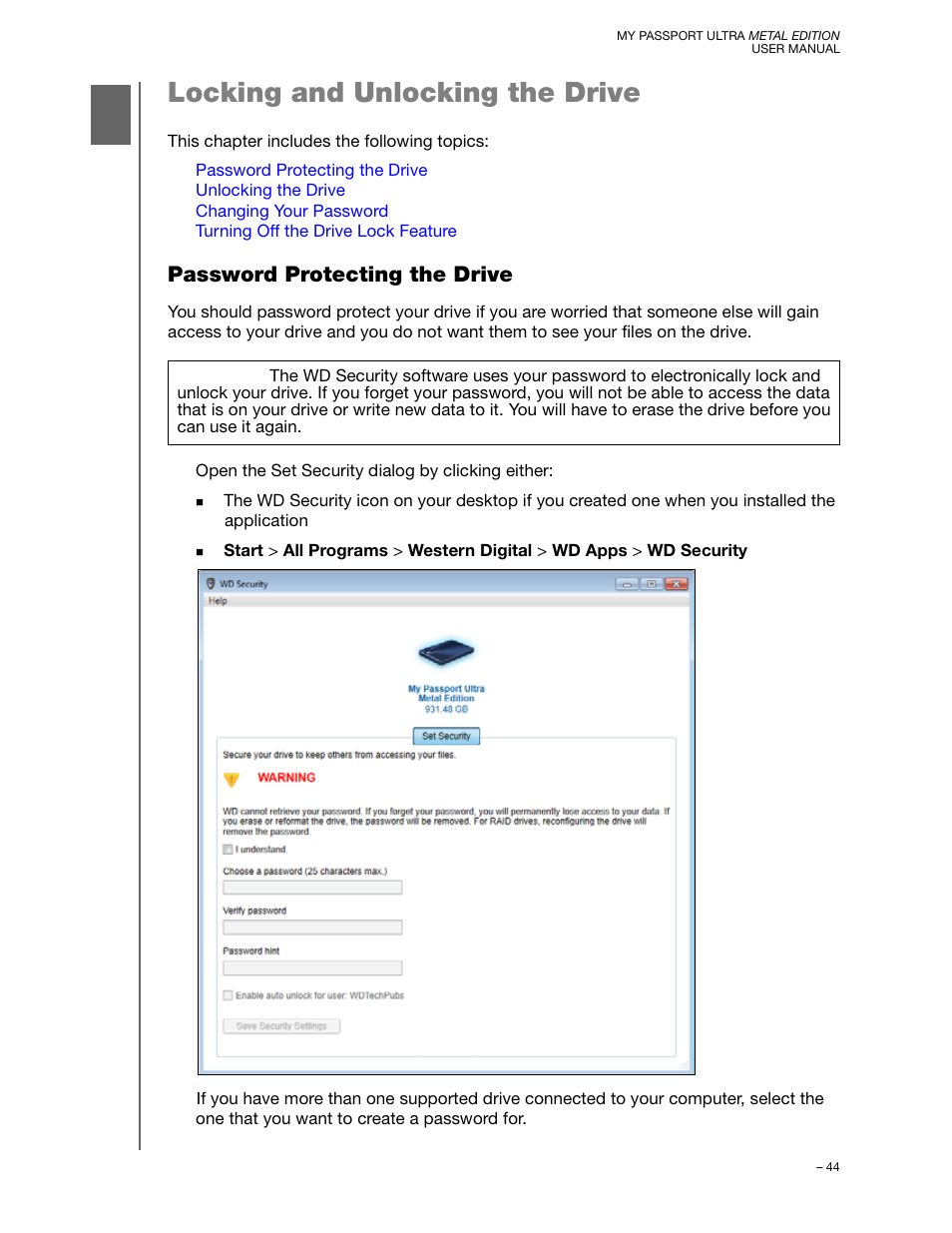 Locking and unlocking the drive, Password protecting the drive | Western Digital My Passport Ultra Metal User Manual User Manual | Page 49 / 86